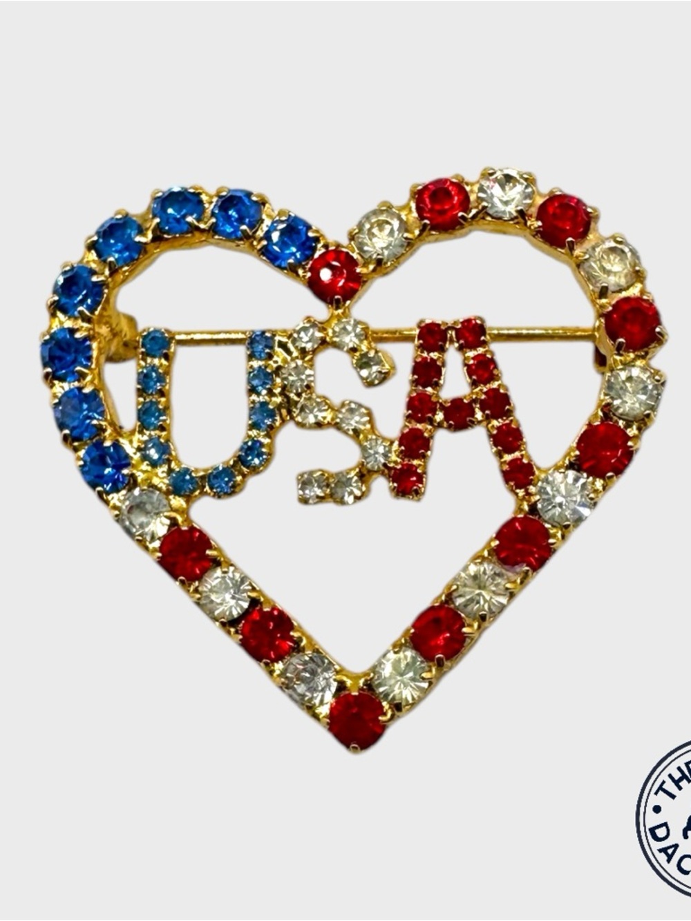 Vintage Dorothy Bauer Patriotic Heart USA Swarovski Crystal Brooch